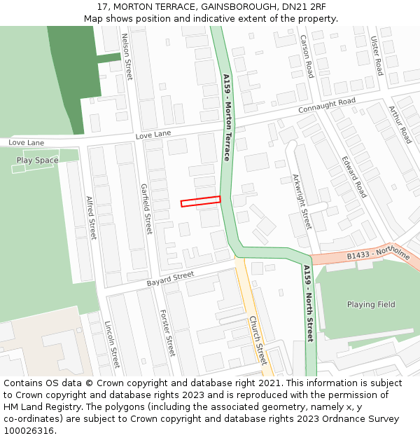 17, MORTON TERRACE, GAINSBOROUGH, DN21 2RF: Location map and indicative extent of plot