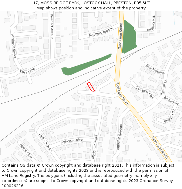 17, MOSS BRIDGE PARK, LOSTOCK HALL, PRESTON, PR5 5LZ: Location map and indicative extent of plot