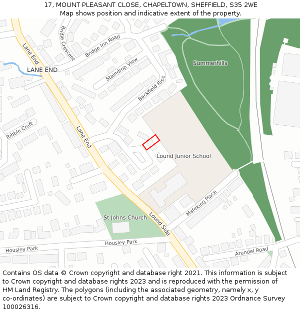 17, MOUNT PLEASANT CLOSE, CHAPELTOWN, SHEFFIELD, S35 2WE: Location map and indicative extent of plot