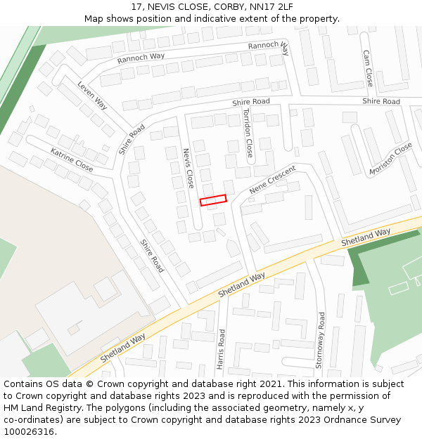 17, NEVIS CLOSE, CORBY, NN17 2LF: Location map and indicative extent of plot