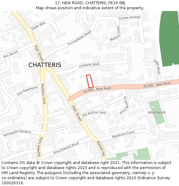 17, NEW ROAD, CHATTERIS, PE16 6BJ: Location map and indicative extent of plot