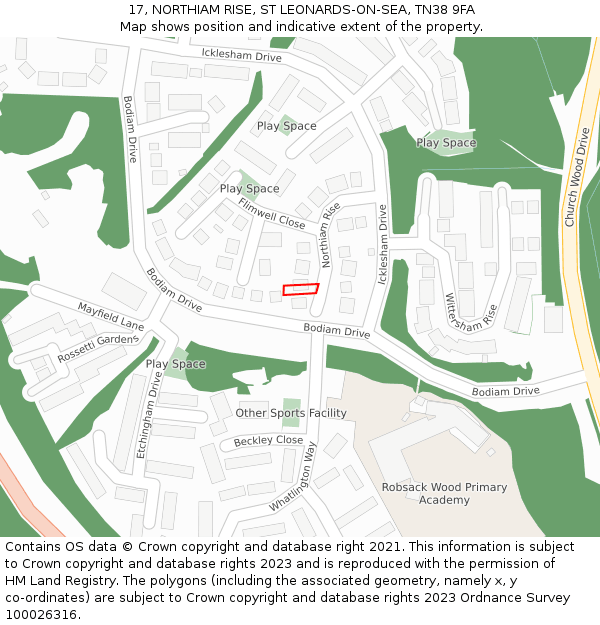 17, NORTHIAM RISE, ST LEONARDS-ON-SEA, TN38 9FA: Location map and indicative extent of plot