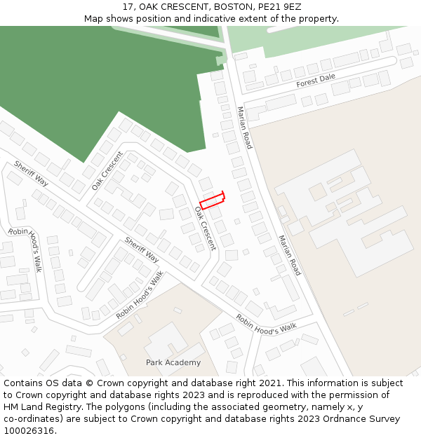 17, OAK CRESCENT, BOSTON, PE21 9EZ: Location map and indicative extent of plot