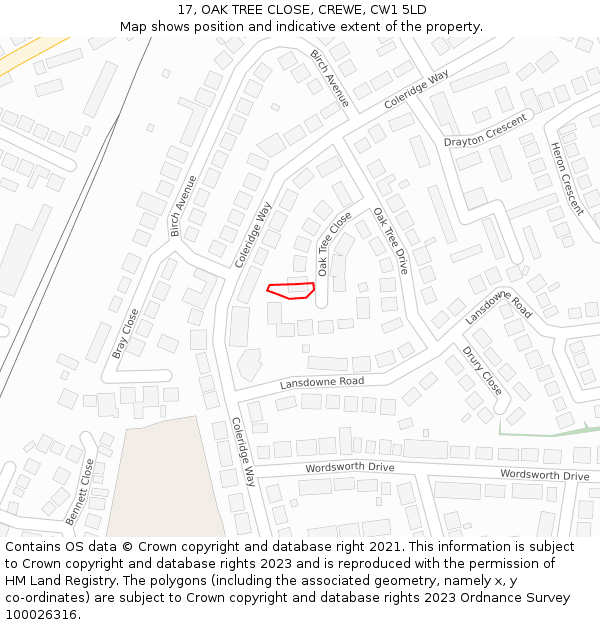 17, OAK TREE CLOSE, CREWE, CW1 5LD: Location map and indicative extent of plot