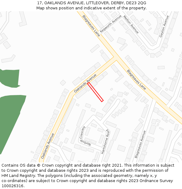 17, OAKLANDS AVENUE, LITTLEOVER, DERBY, DE23 2QG: Location map and indicative extent of plot