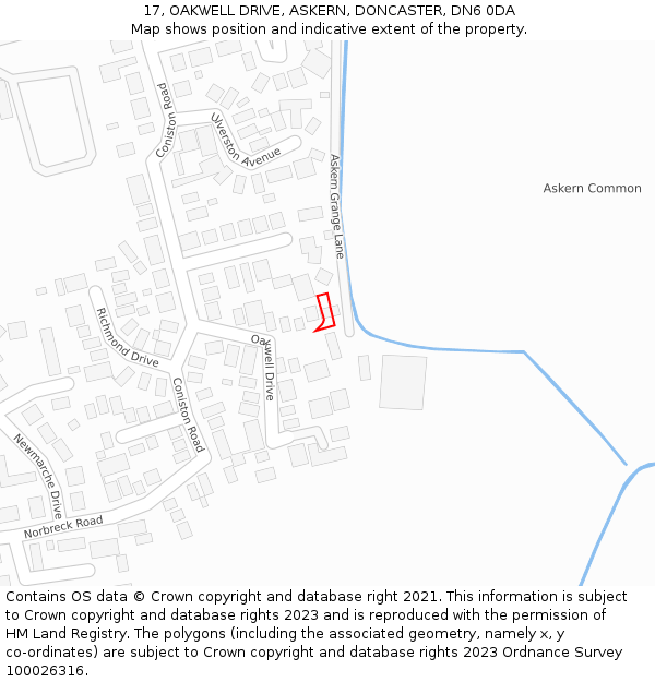 17, OAKWELL DRIVE, ASKERN, DONCASTER, DN6 0DA: Location map and indicative extent of plot