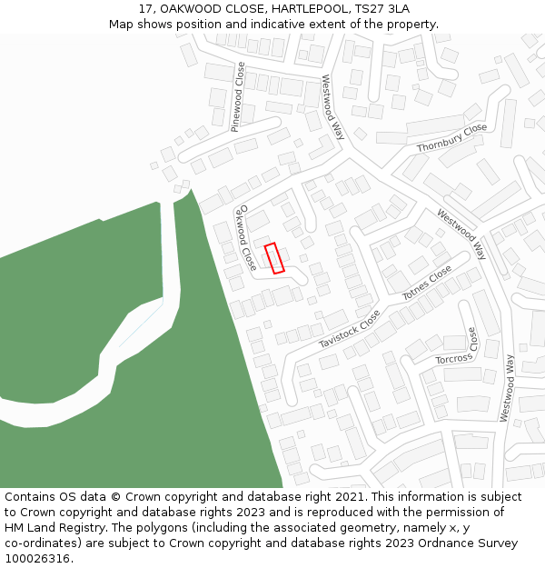 17, OAKWOOD CLOSE, HARTLEPOOL, TS27 3LA: Location map and indicative extent of plot