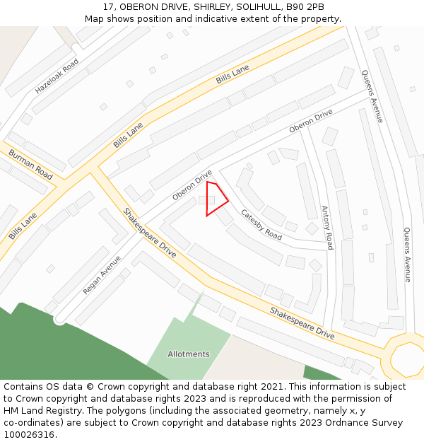 17, OBERON DRIVE, SHIRLEY, SOLIHULL, B90 2PB: Location map and indicative extent of plot