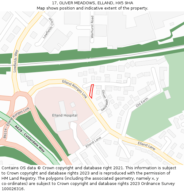 17, OLIVER MEADOWS, ELLAND, HX5 9HA: Location map and indicative extent of plot