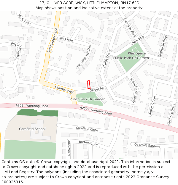 17, OLLIVER ACRE, WICK, LITTLEHAMPTON, BN17 6FD: Location map and indicative extent of plot