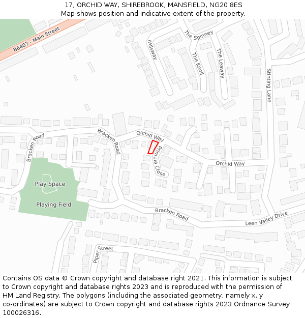 17, ORCHID WAY, SHIREBROOK, MANSFIELD, NG20 8ES: Location map and indicative extent of plot