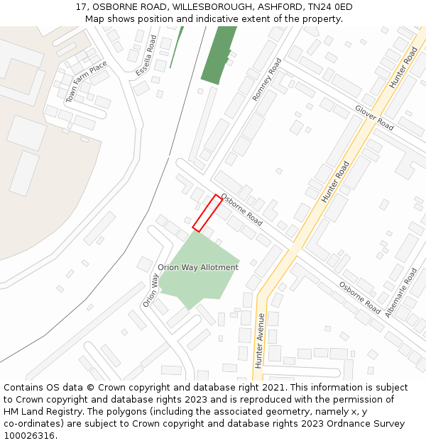17, OSBORNE ROAD, WILLESBOROUGH, ASHFORD, TN24 0ED: Location map and indicative extent of plot