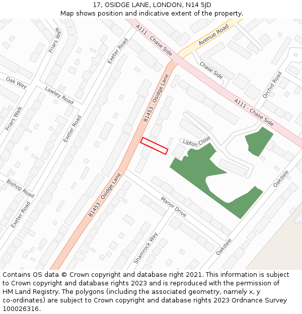 17, OSIDGE LANE, LONDON, N14 5JD: Location map and indicative extent of plot