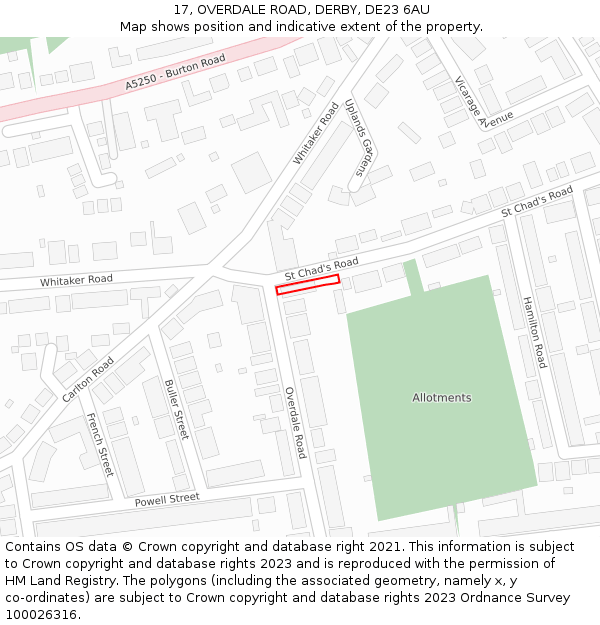 17, OVERDALE ROAD, DERBY, DE23 6AU: Location map and indicative extent of plot