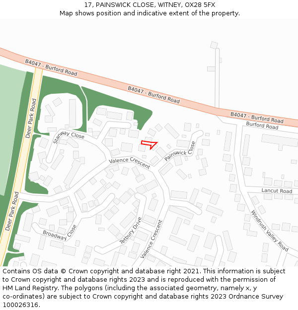17, PAINSWICK CLOSE, WITNEY, OX28 5FX: Location map and indicative extent of plot