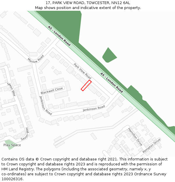 17, PARK VIEW ROAD, TOWCESTER, NN12 6AL: Location map and indicative extent of plot