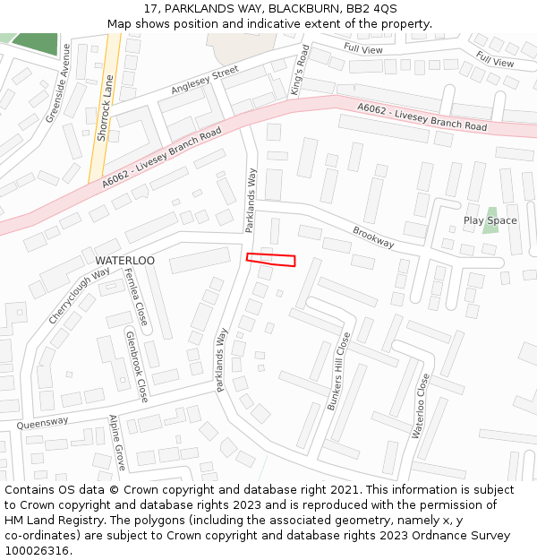 17, PARKLANDS WAY, BLACKBURN, BB2 4QS: Location map and indicative extent of plot