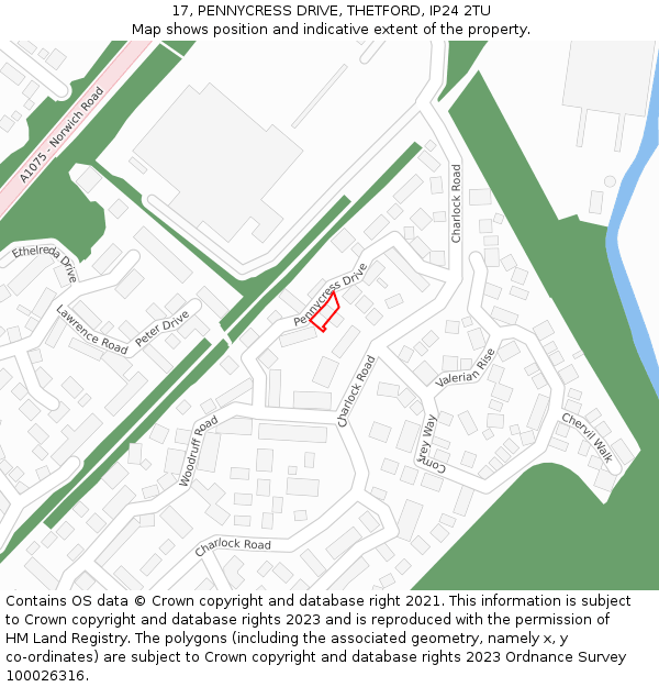 17, PENNYCRESS DRIVE, THETFORD, IP24 2TU: Location map and indicative extent of plot