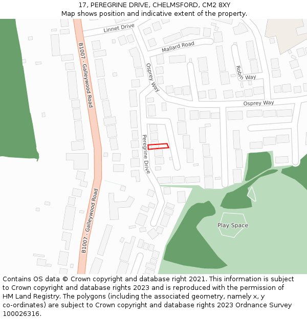 17, PEREGRINE DRIVE, CHELMSFORD, CM2 8XY: Location map and indicative extent of plot