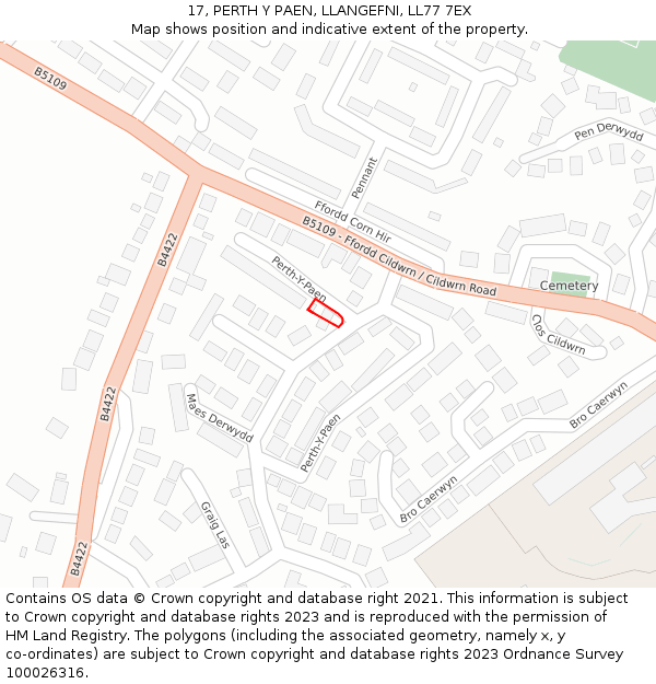 17, PERTH Y PAEN, LLANGEFNI, LL77 7EX: Location map and indicative extent of plot