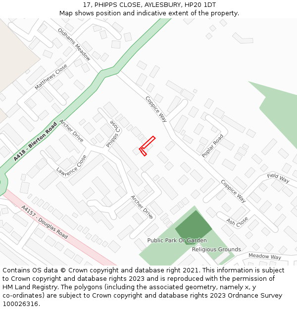17, PHIPPS CLOSE, AYLESBURY, HP20 1DT: Location map and indicative extent of plot
