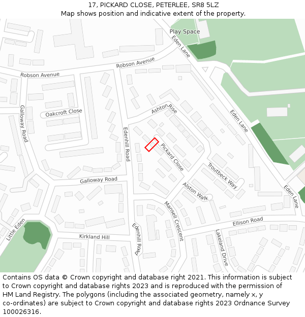 17, PICKARD CLOSE, PETERLEE, SR8 5LZ: Location map and indicative extent of plot