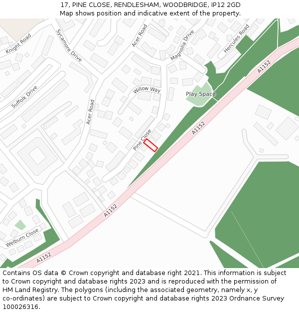 17, PINE CLOSE, RENDLESHAM, WOODBRIDGE, IP12 2GD: Location map and indicative extent of plot