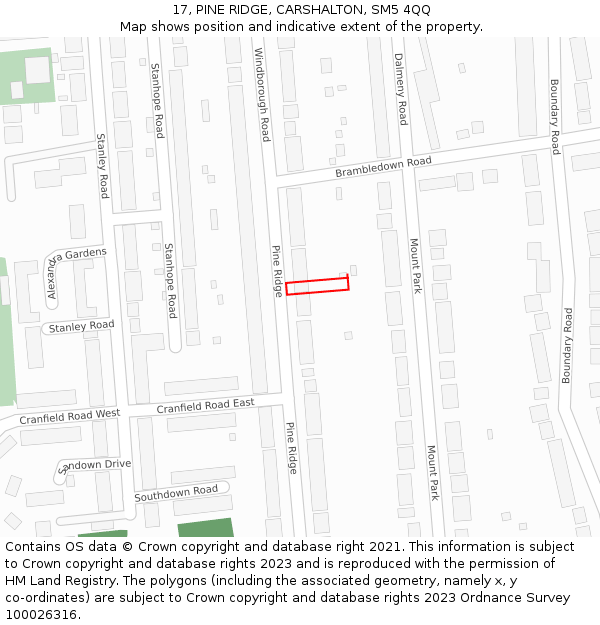17, PINE RIDGE, CARSHALTON, SM5 4QQ: Location map and indicative extent of plot