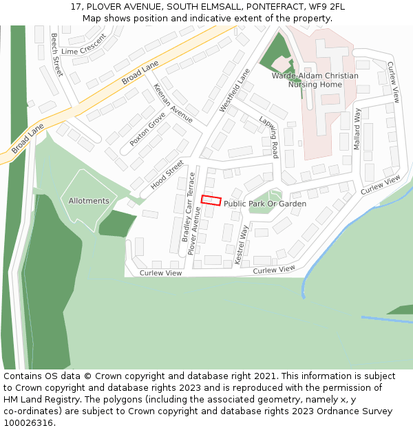 17, PLOVER AVENUE, SOUTH ELMSALL, PONTEFRACT, WF9 2FL: Location map and indicative extent of plot