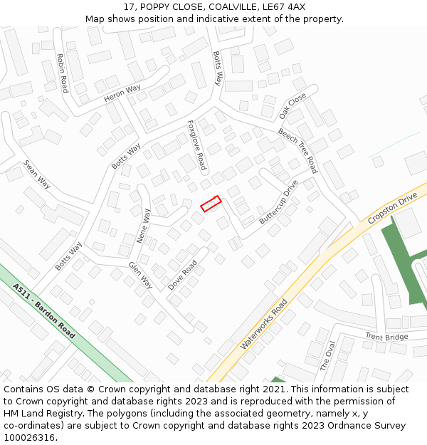17, POPPY CLOSE, COALVILLE, LE67 4AX: Location map and indicative extent of plot