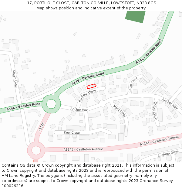 17, PORTHOLE CLOSE, CARLTON COLVILLE, LOWESTOFT, NR33 8GS: Location map and indicative extent of plot