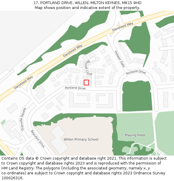 17, PORTLAND DRIVE, WILLEN, MILTON KEYNES, MK15 9HD: Location map and indicative extent of plot