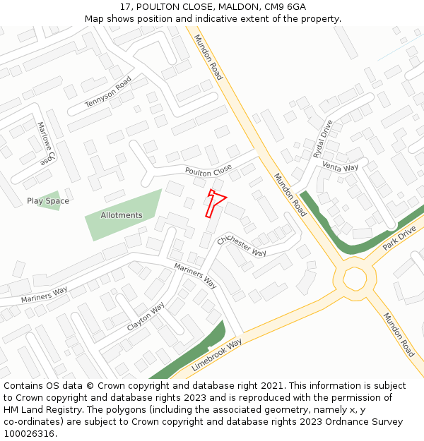 17, POULTON CLOSE, MALDON, CM9 6GA: Location map and indicative extent of plot