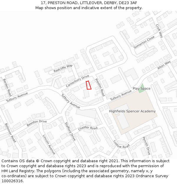 17, PRESTON ROAD, LITTLEOVER, DERBY, DE23 3AF: Location map and indicative extent of plot