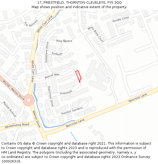 17, PRIESTFIELD, THORNTON-CLEVELEYS, FY5 3QQ: Location map and indicative extent of plot
