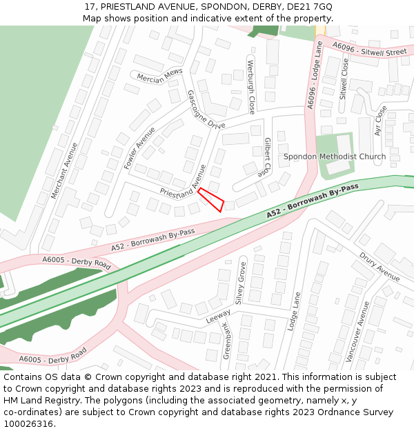 17, PRIESTLAND AVENUE, SPONDON, DERBY, DE21 7GQ: Location map and indicative extent of plot