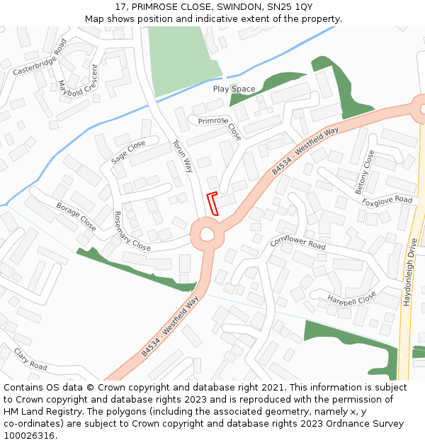 17, PRIMROSE CLOSE, SWINDON, SN25 1QY: Location map and indicative extent of plot