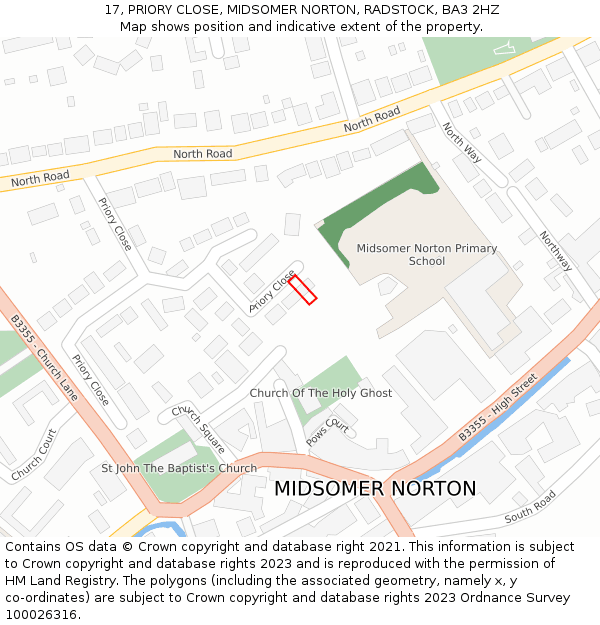 17, PRIORY CLOSE, MIDSOMER NORTON, RADSTOCK, BA3 2HZ: Location map and indicative extent of plot