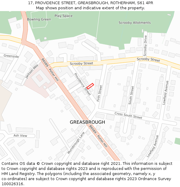 17, PROVIDENCE STREET, GREASBROUGH, ROTHERHAM, S61 4PR: Location map and indicative extent of plot
