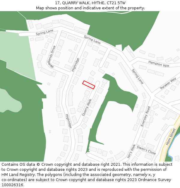 17, QUARRY WALK, HYTHE, CT21 5TW: Location map and indicative extent of plot