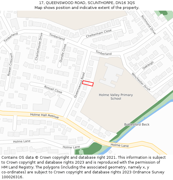 17, QUEENSWOOD ROAD, SCUNTHORPE, DN16 3QS: Location map and indicative extent of plot