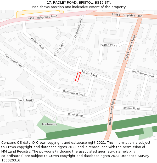 17, RADLEY ROAD, BRISTOL, BS16 3TN: Location map and indicative extent of plot