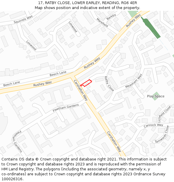 17, RATBY CLOSE, LOWER EARLEY, READING, RG6 4ER: Location map and indicative extent of plot