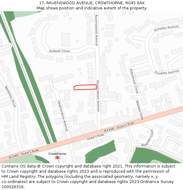 17, RAVENSWOOD AVENUE, CROWTHORNE, RG45 6AX: Location map and indicative extent of plot