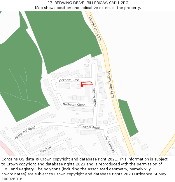 17, REDWING DRIVE, BILLERICAY, CM11 2PG: Location map and indicative extent of plot