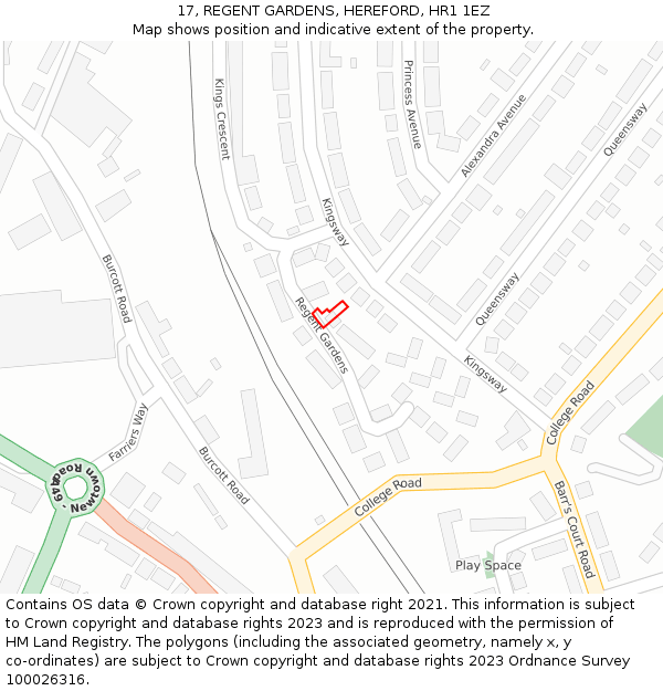 17, REGENT GARDENS, HEREFORD, HR1 1EZ: Location map and indicative extent of plot
