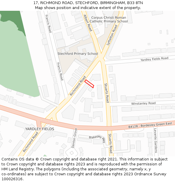 17, RICHMOND ROAD, STECHFORD, BIRMINGHAM, B33 8TN: Location map and indicative extent of plot