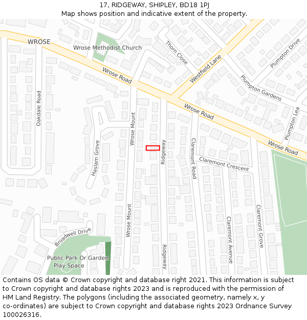 17, RIDGEWAY, SHIPLEY, BD18 1PJ: Location map and indicative extent of plot