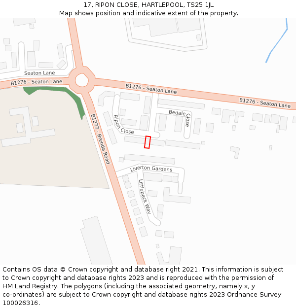 17, RIPON CLOSE, HARTLEPOOL, TS25 1JL: Location map and indicative extent of plot
