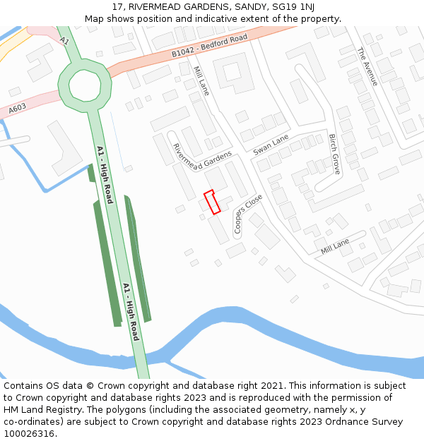 17, RIVERMEAD GARDENS, SANDY, SG19 1NJ: Location map and indicative extent of plot